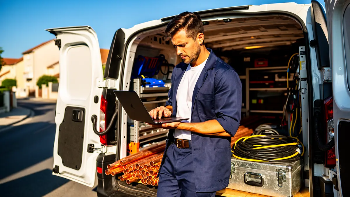 Avis Google artisan BTP — artisan consultant les avis clients sur son smartphone sur un chantier