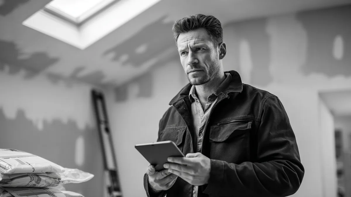 Entrepreneur BTP planifiant les échéances sur laptop de chantier