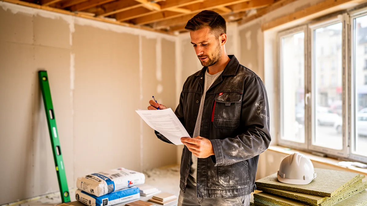 Checklist de verification avant envoi d'un devis artisan BTP posee sur un bureau de chantier