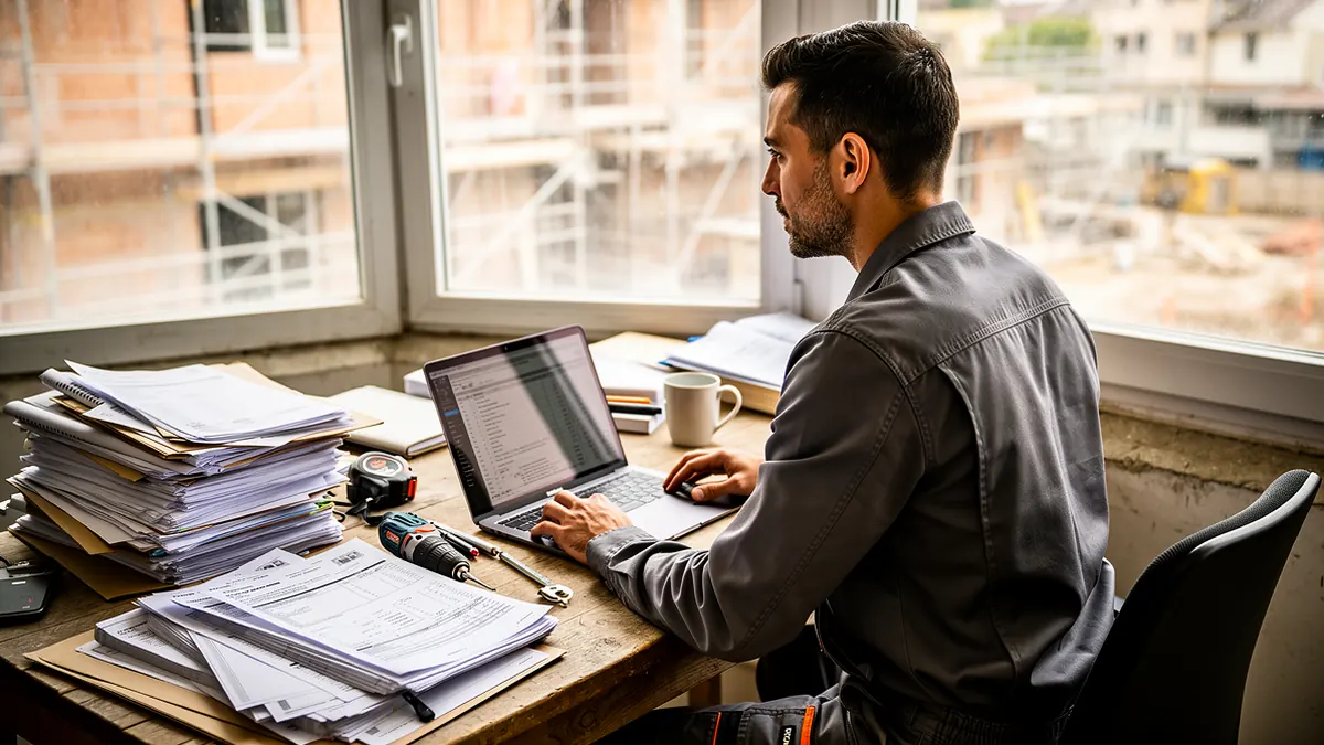 Artisan du bâtiment comparant des logiciels de gestion sur tablette au bureau