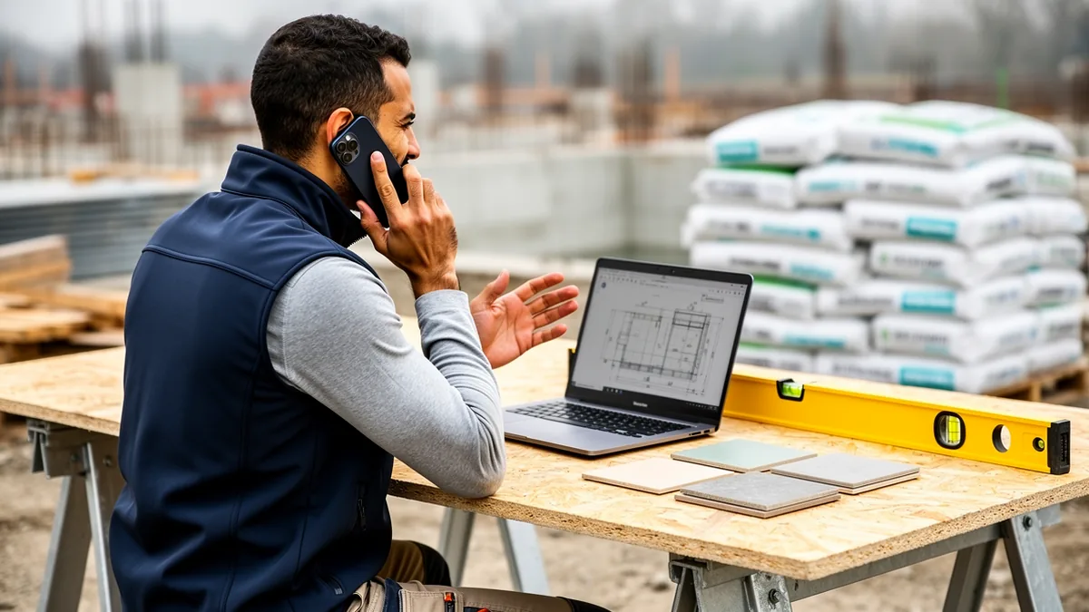 Devis signé client ne paie pas — artisan BTP consultant un devis signé avec son téléphone sur un chantier