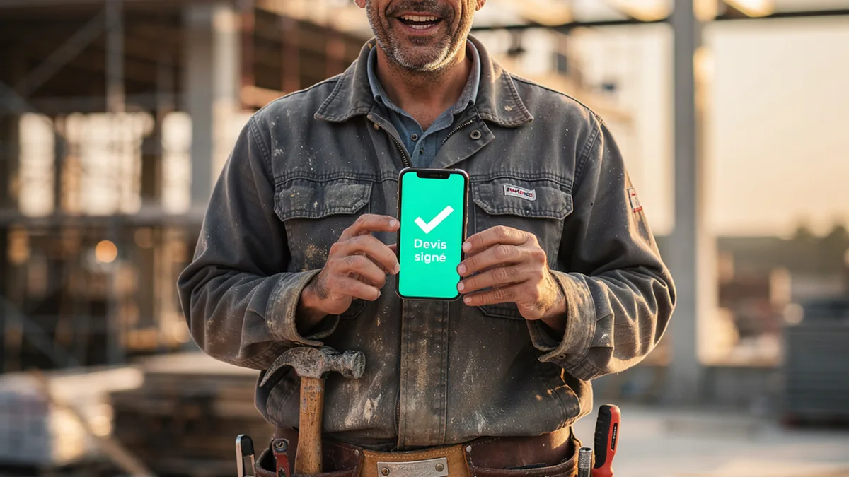 Artisan du bâtiment en vêtements de travail poussiéreux, ceinture à outils, montrant sur son téléphone la confirmation d'un devis signé