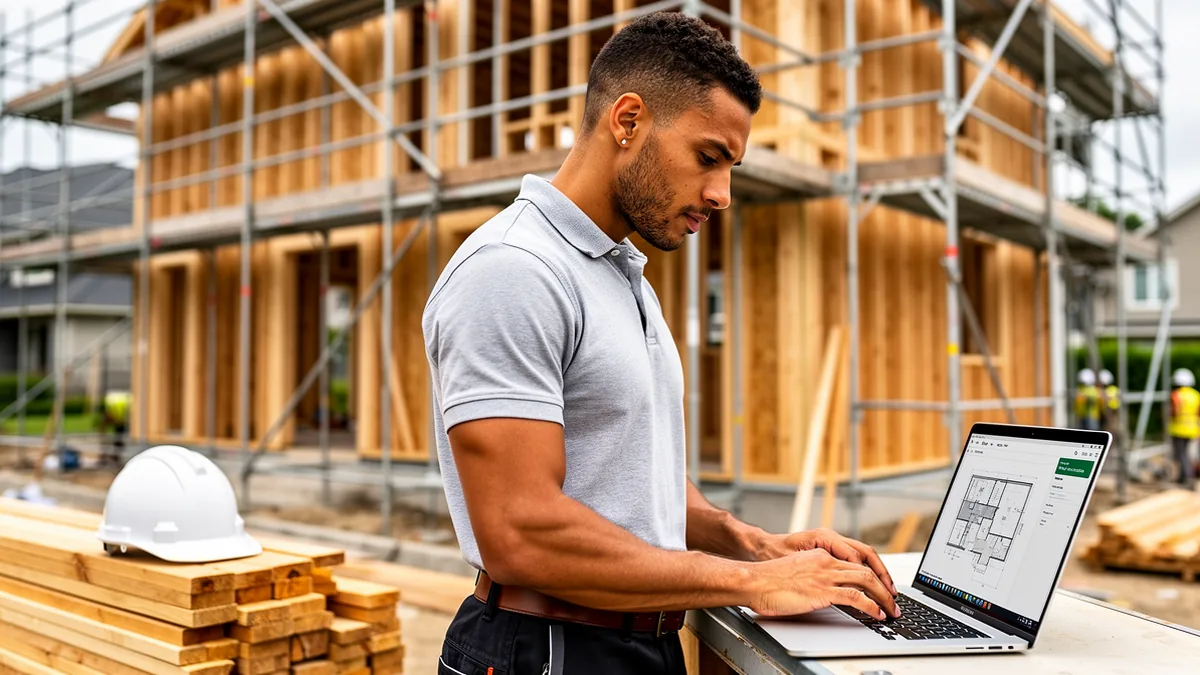 Exemple de devis rénovation — artisan chiffrant son devis sur un ordinateur portable devant un chantier, plans du logement à l'écran