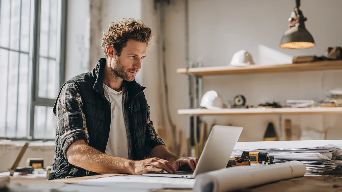 Facture proforma artisan BTP — artisan du bâtiment préparant une estimation de chantier