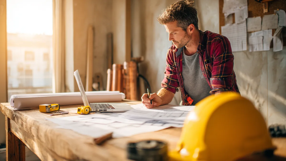 Professionnel BTP gérant ses factures de situation depuis le chantier
