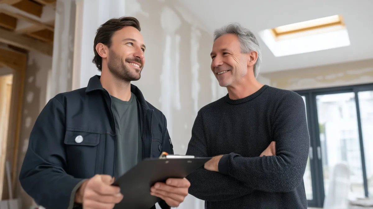 Artisan et client discutant de l'acompte chantier lors d'une visite de rénovation