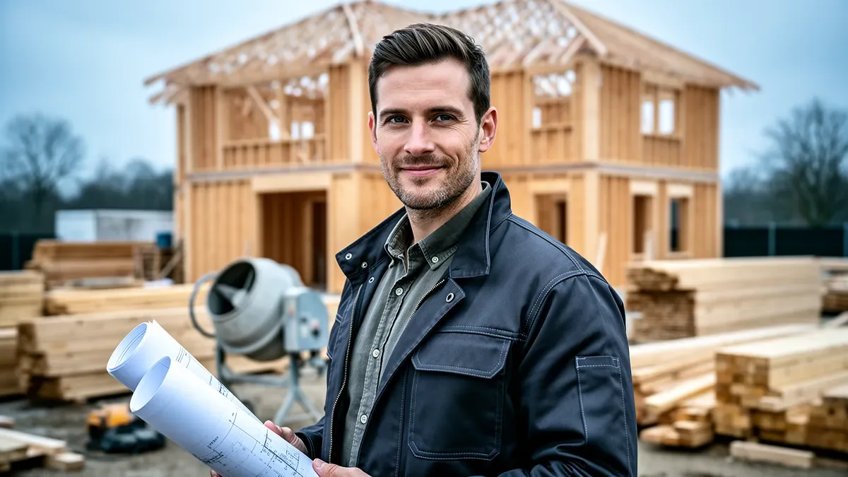 Artisan BTP consulte un modèle de devis sur tablette devant un chantier