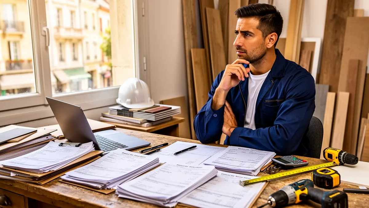 Modèle de facture menuisier — menuisier à son bureau d'atelier face à ses factures, panneaux de bois derrière lui