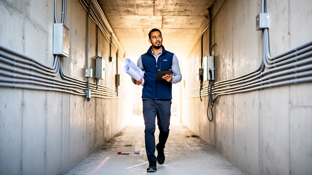 Carreleur artisan en mouvement sur un couloir de chantier