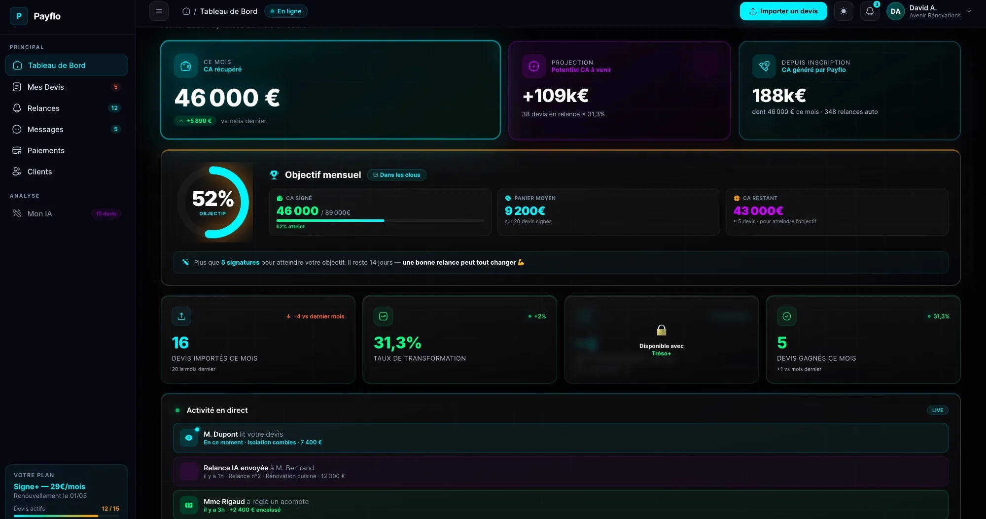 Payflo — Tableau de bord temps réel pour artisans BTP